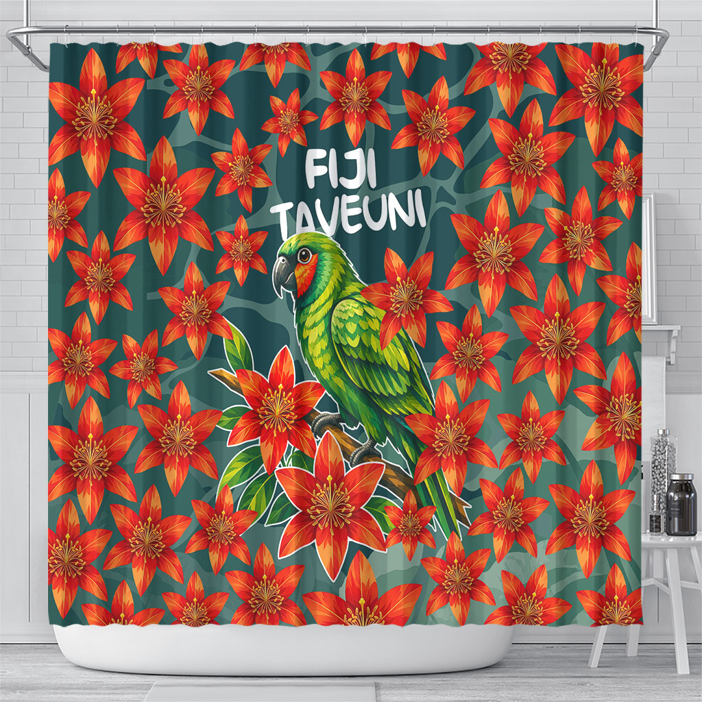 Fiji Taveuni Parrot Shower Curtain Tropical Waterfall Landscape With Floral Tribal Pattern