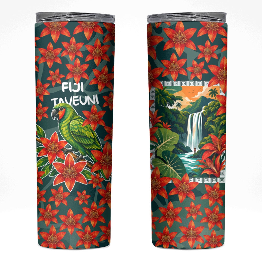 Fiji Taveuni Parrot Skinny Tumbler Tropical Waterfall Landscape With Floral Tribal Pattern