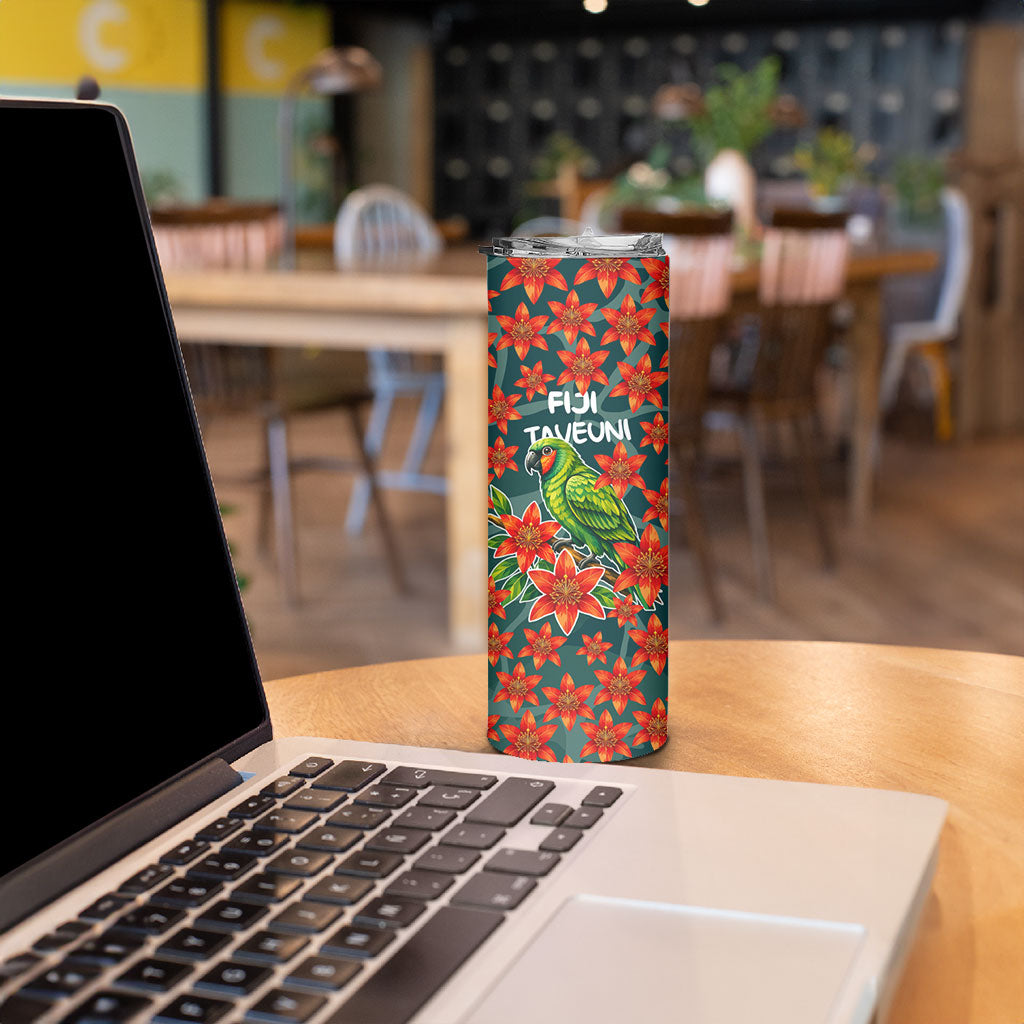 Fiji Taveuni Parrot Skinny Tumbler Tropical Waterfall Landscape With Floral Tribal Pattern