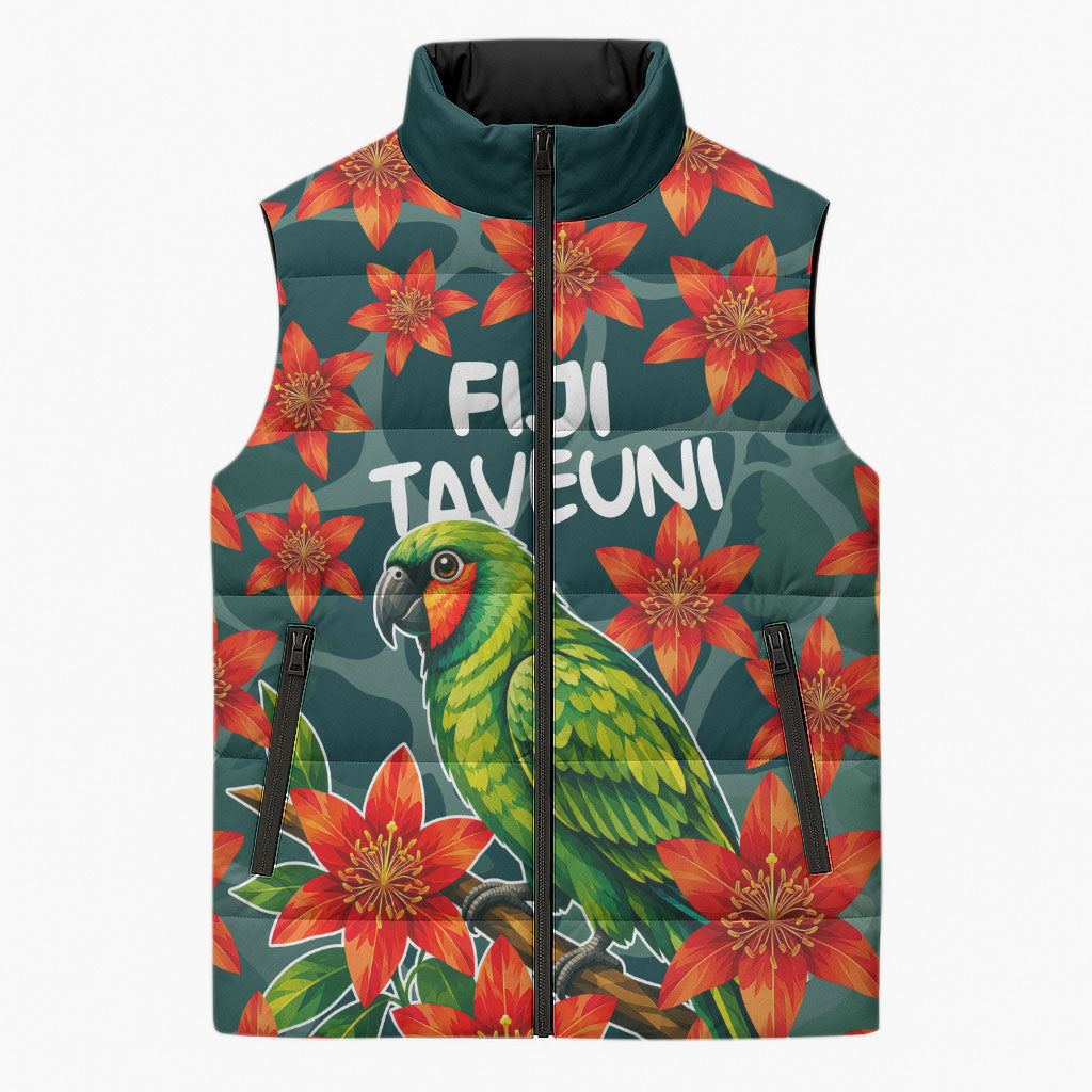 Fiji Taveuni Parrot Sleeveless Puffer Jacket Tropical Waterfall Landscape With Floral Tribal Pattern TS04 Unisex Green Orange - Polynesian Pride