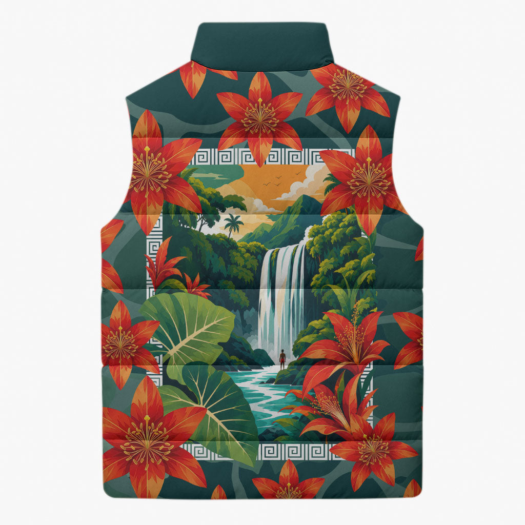 Fiji Taveuni Parrot Sleeveless Puffer Jacket Tropical Waterfall Landscape With Floral Tribal Pattern