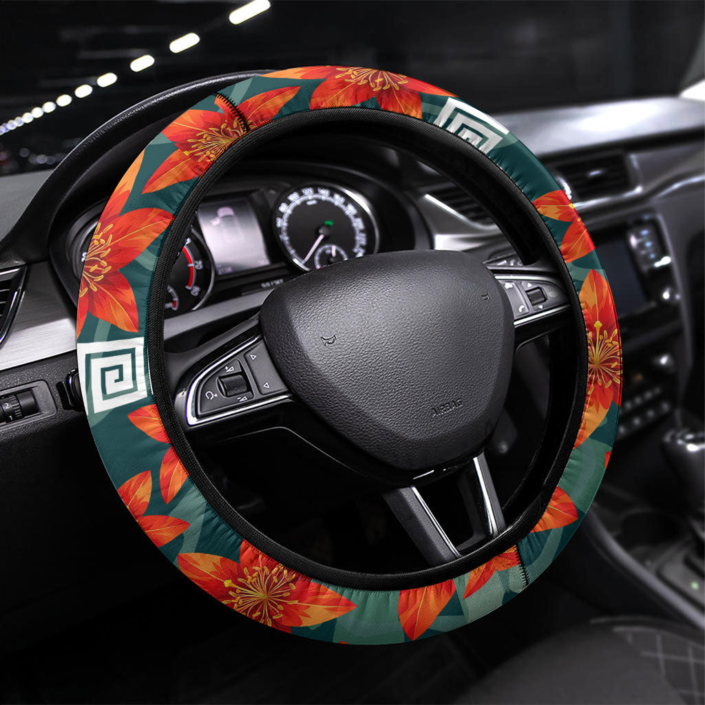 Fiji Taveuni Parrot Steering Wheel Cover Tropical Waterfall Landscape With Floral Tribal Pattern TS04 Universal Fit Green Orange - Polynesian Pride
