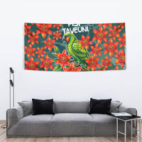 Fiji Taveuni Parrot Tapestry Tropical Waterfall Landscape With Floral Tribal Pattern