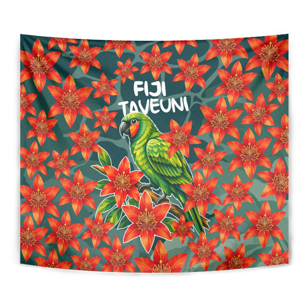 Fiji Taveuni Parrot Tapestry Tropical Waterfall Landscape With Floral Tribal Pattern