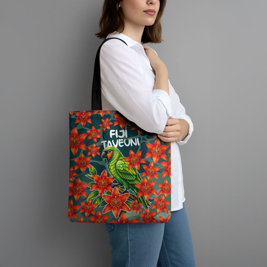 Fiji Taveuni Parrot Tote Bag Tropical Waterfall Landscape With Floral Tribal Pattern