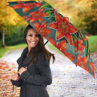 Fiji Taveuni Parrot Umbrella Tropical Waterfall Landscape With Floral Tribal Pattern