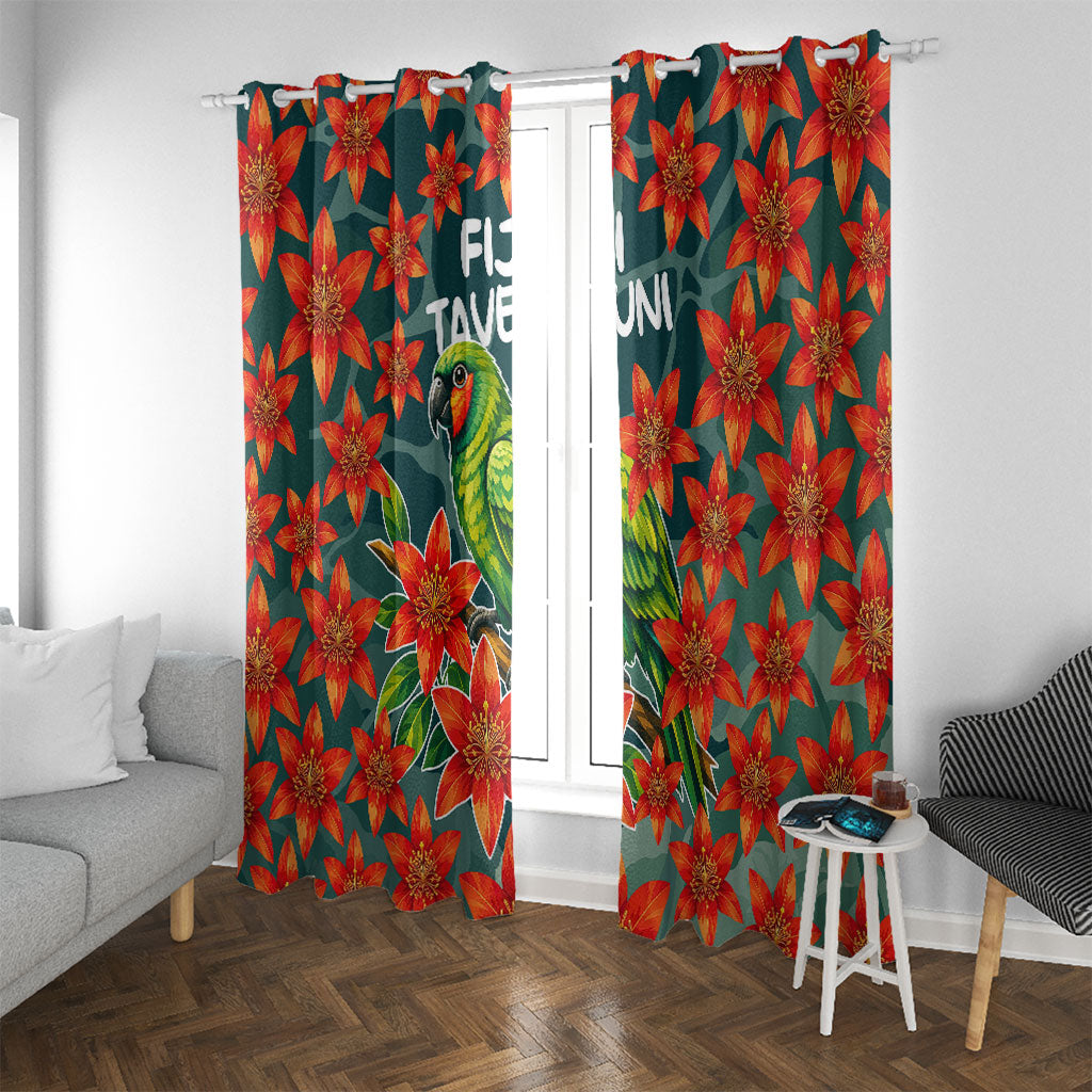 Fiji Taveuni Parrot Window Curtain Tropical Waterfall Landscape With Floral Tribal Pattern