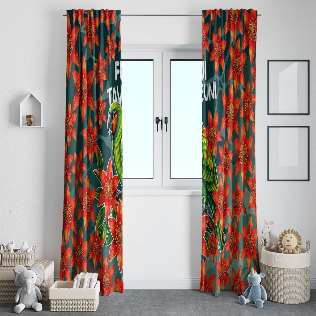 Fiji Taveuni Parrot Window Curtain Tropical Waterfall Landscape With Floral Tribal Pattern