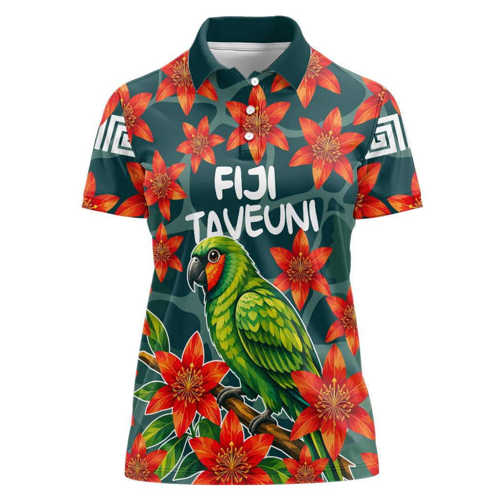 Fiji Taveuni Parrot Women Polo Shirt Tropical Waterfall Landscape With Floral Tribal Pattern