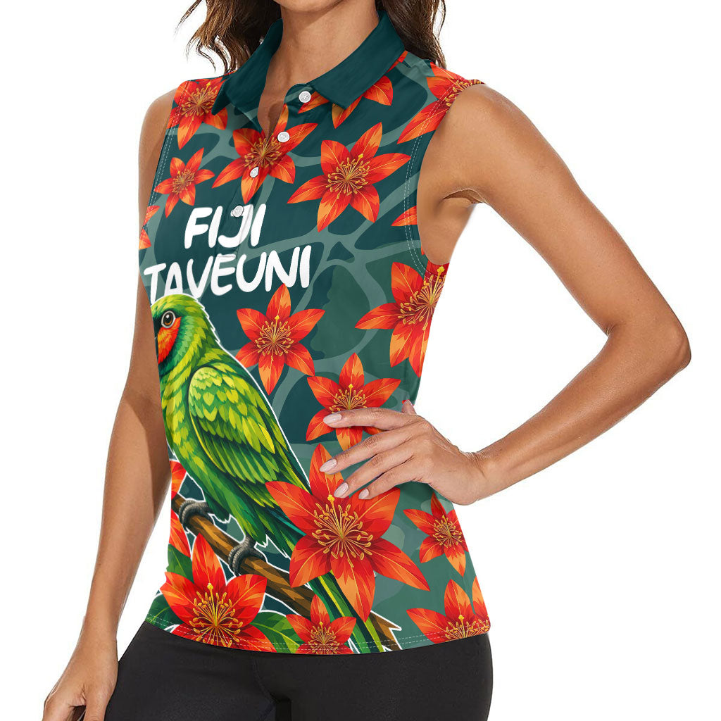 Fiji Taveuni Parrot Women Sleeveless Polo Shirt Tropical Waterfall Landscape With Floral Tribal Pattern