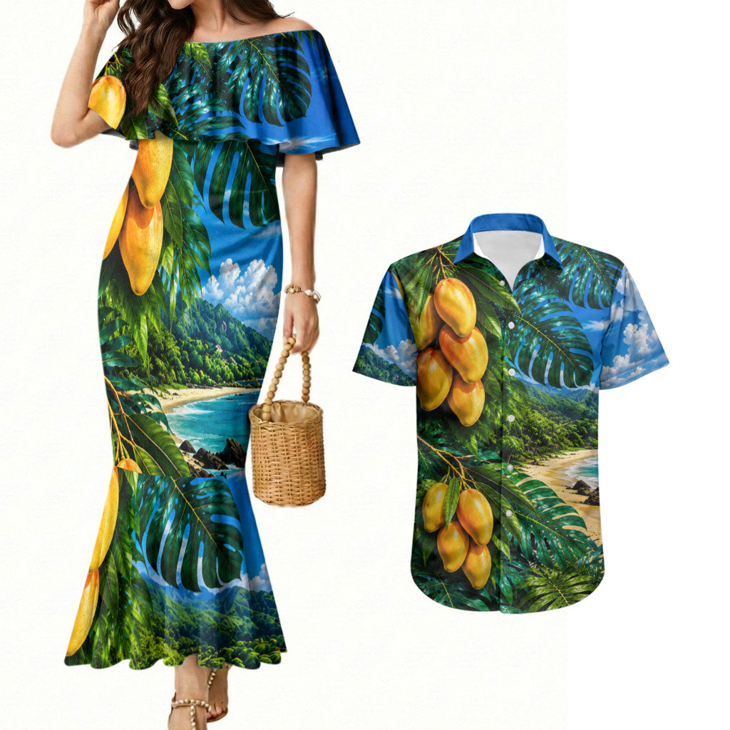 Hawaiian Mango Tropical Beach Couples Matching Mermaid Dress and Hawaiian Shirt Scenic Island Nature Exotic Fruit Graphic TS04 Blue Green - Polynesian Pride
