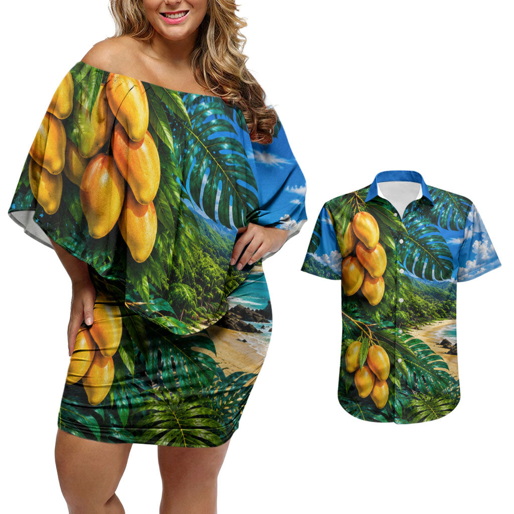 Hawaiian Mango Tropical Beach Couples Matching Off Shoulder Short Dress and Hawaiian Shirt Scenic Island Nature Exotic Fruit Graphic TS04 Blue Green - Polynesian Pride