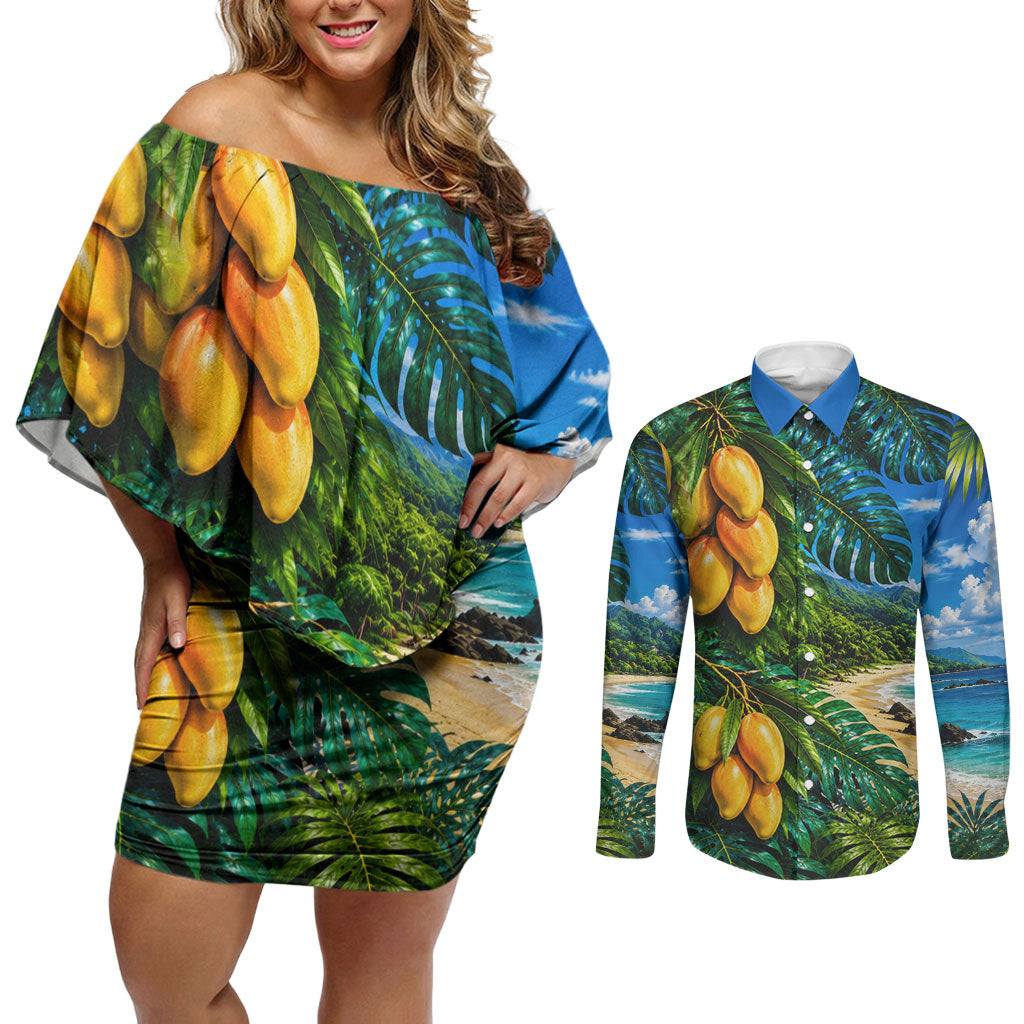 Hawaiian Mango Tropical Beach Couples Matching Off Shoulder Short Dress and Long Sleeve Button Shirt Scenic Island Nature Exotic Fruit Graphic TS04 Blue Green - Polynesian Pride