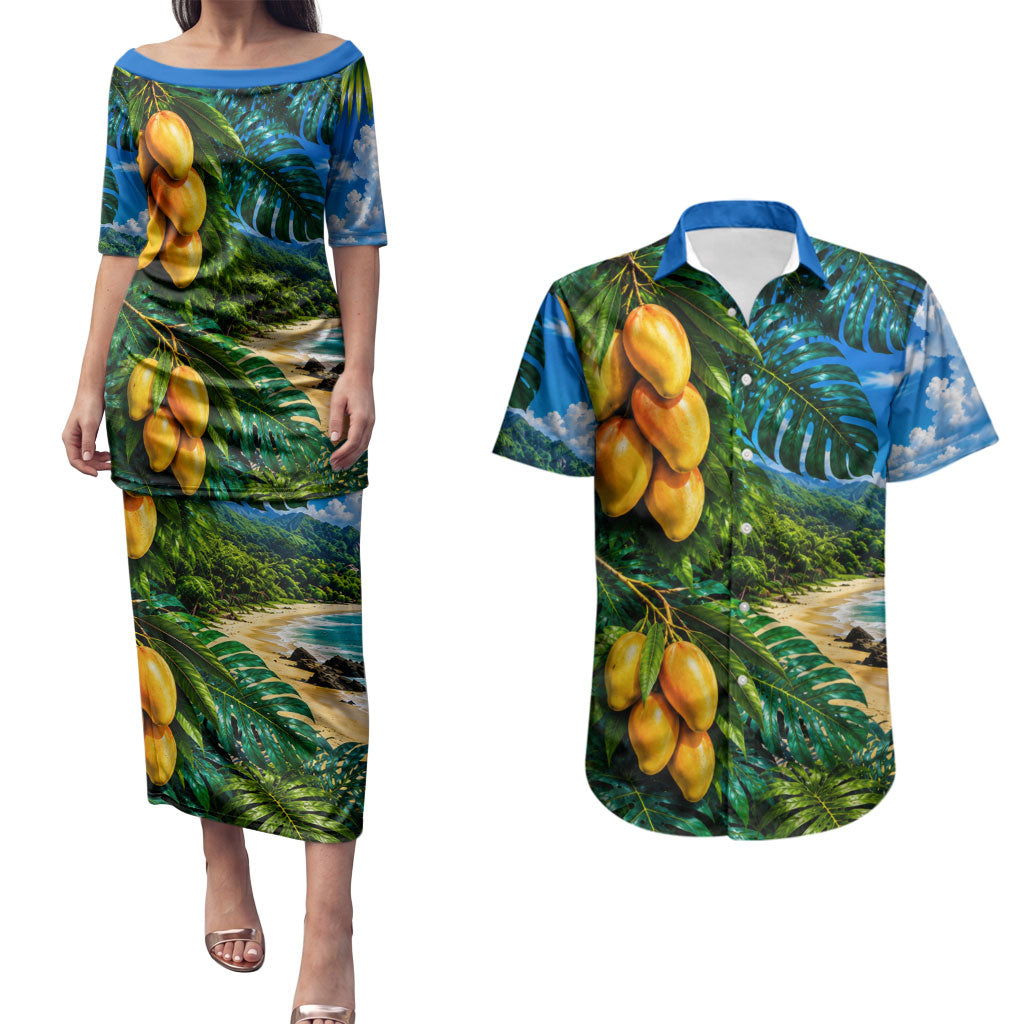 Hawaiian Mango Tropical Beach Couples Matching Puletasi and Hawaiian Shirt Scenic Island Nature Exotic Fruit Graphic TS04 Blue Green - Polynesian Pride