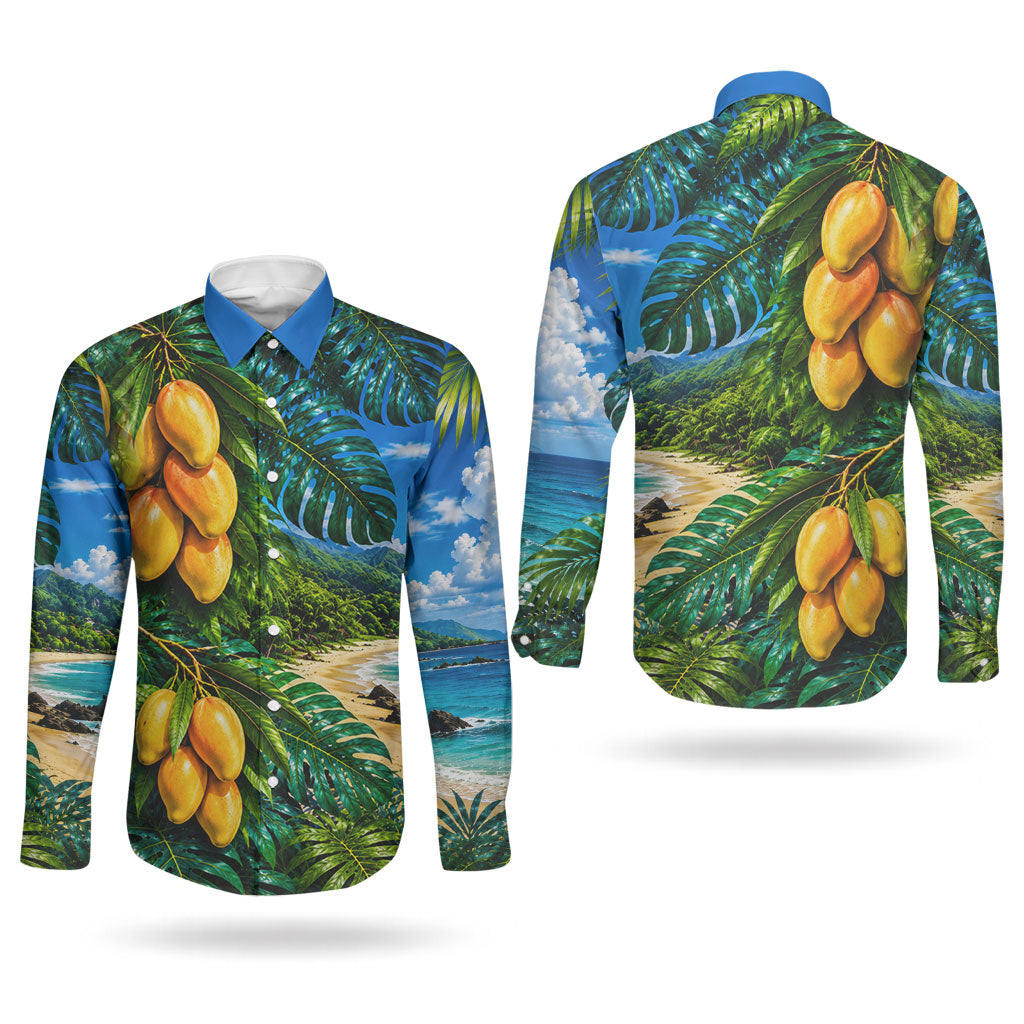 Hawaiian Mango Tropical Beach Couples Matching Puletasi and Long Sleeve Button Shirt Scenic Island Nature Exotic Fruit Graphic TS04 - Polynesian Pride