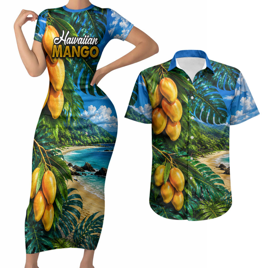 Hawaiian Mango Tropical Beach Couples Matching Short Sleeve Bodycon Dress and Hawaiian Shirt Scenic Island Nature Exotic Fruit Graphic TS04 Blue Green - Polynesian Pride