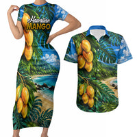 Hawaiian Mango Tropical Beach Couples Matching Short Sleeve Bodycon Dress and Hawaiian Shirt Scenic Island Nature Exotic Fruit Graphic TS04 Blue Green - Polynesian Pride