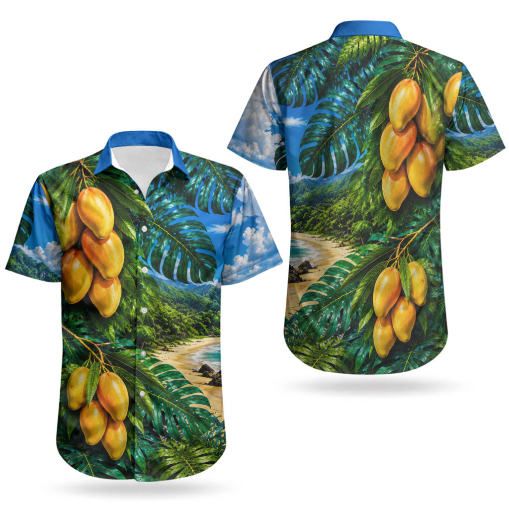 Hawaiian Mango Tropical Beach Couples Matching Short Sleeve Bodycon Dress and Hawaiian Shirt Scenic Island Nature Exotic Fruit Graphic TS04 - Polynesian Pride