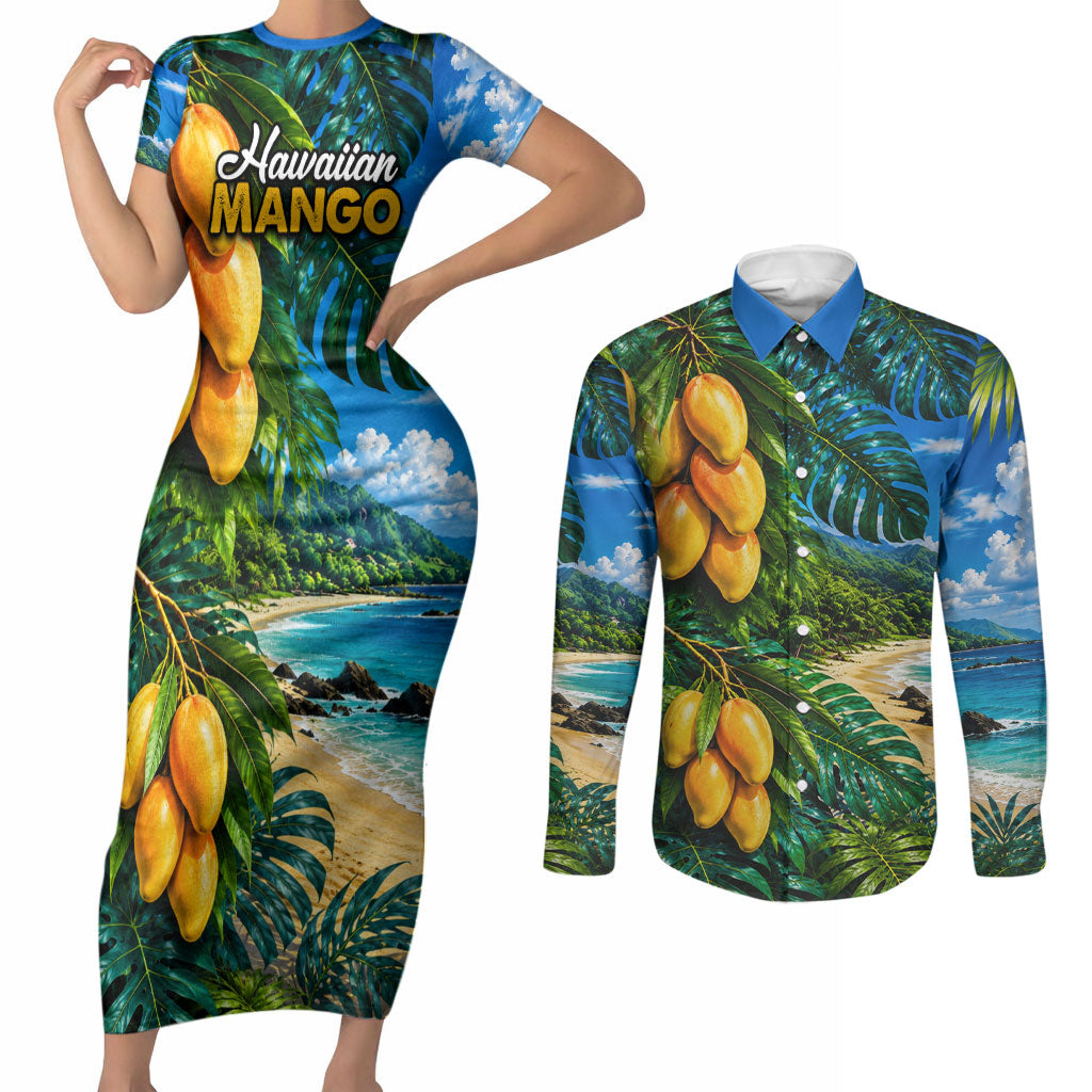 Hawaiian Mango Tropical Beach Couples Matching Short Sleeve Bodycon Dress and Long Sleeve Button Shirt Scenic Island Nature Exotic Fruit Graphic TS04 Blue Green - Polynesian Pride