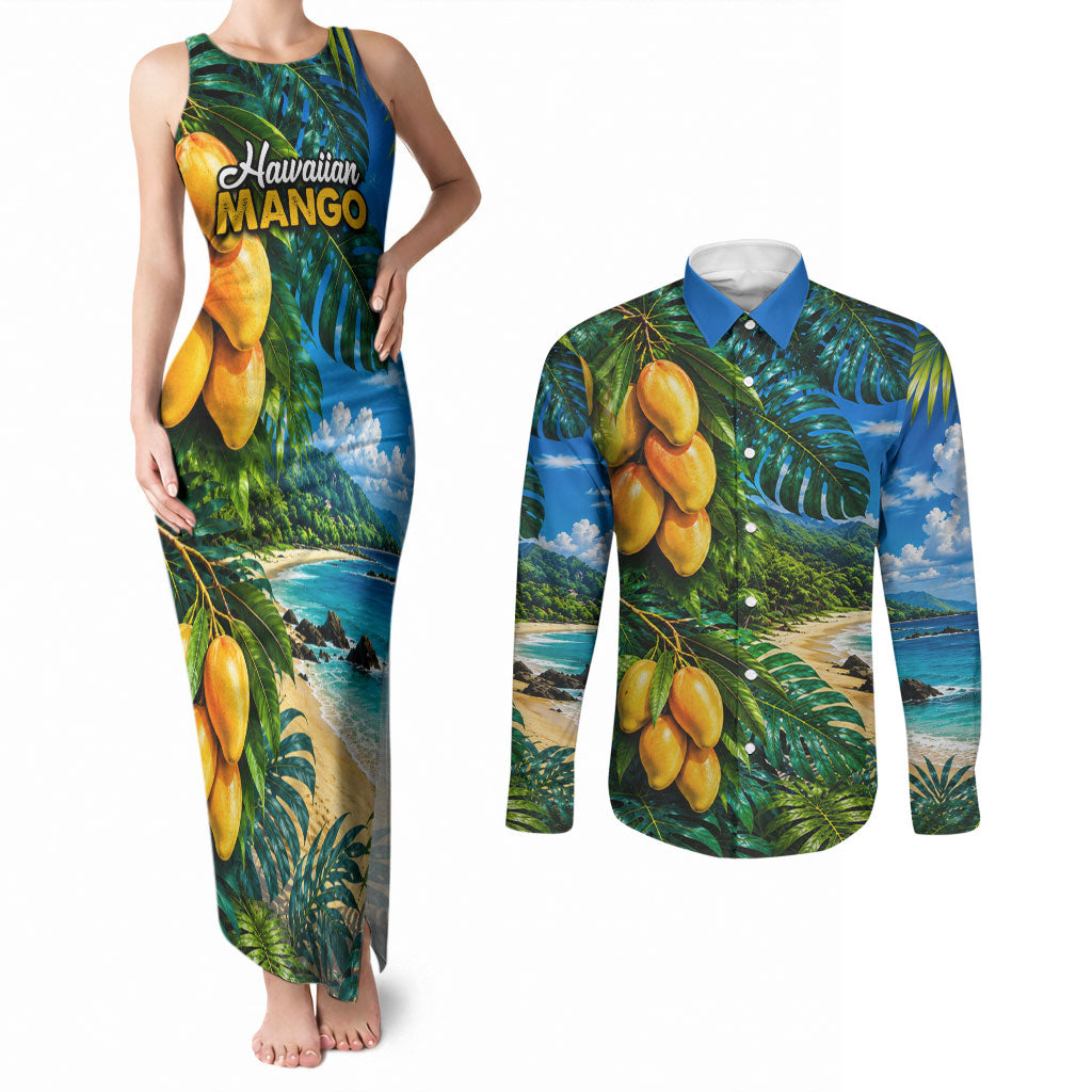 Hawaiian Mango Tropical Beach Couples Matching Tank Maxi Dress and Long Sleeve Button Shirt Scenic Island Nature Exotic Fruit Graphic TS04 Blue Green - Polynesian Pride