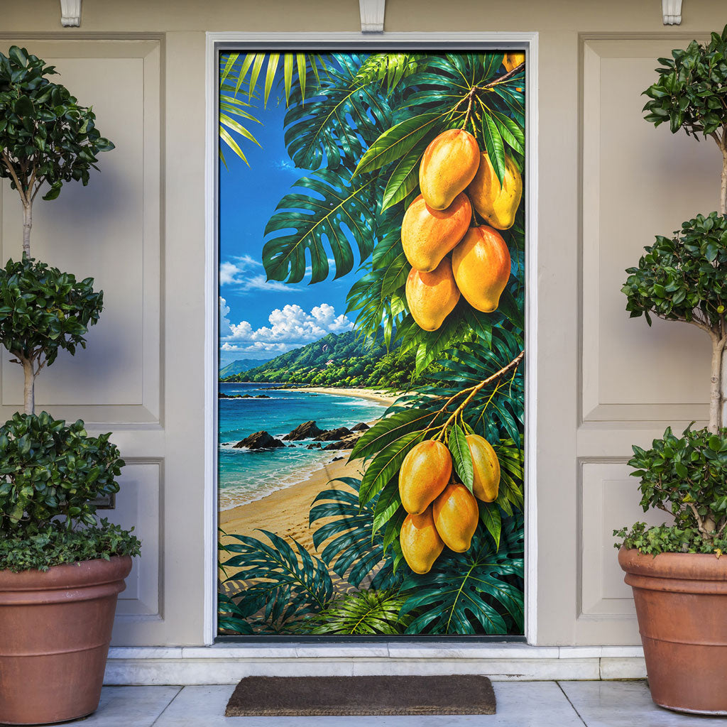 Hawaiian Mango Tropical Beach Door Cover Scenic Island Nature Exotic Fruit Graphic TS04 Blue Green - Polynesian Pride