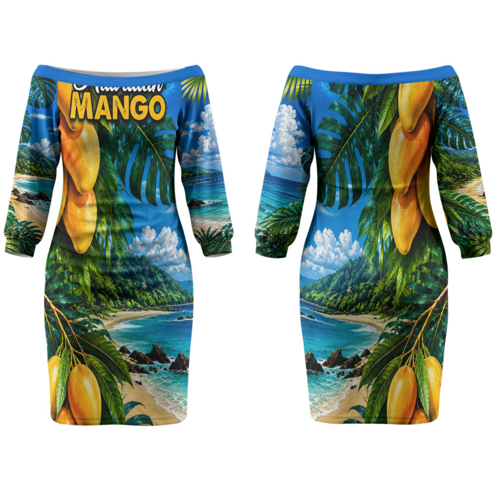 Hawaiian Mango Tropical Beach Family Matching Off The Shoulder Long Sleeve Dress and Hawaiian Shirt Scenic Island Nature Exotic Fruit Graphic TS04 Mom's Dress Blue Green - Polynesian Pride