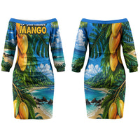 Hawaiian Mango Tropical Beach Family Matching Off The Shoulder Long Sleeve Dress and Hawaiian Shirt Scenic Island Nature Exotic Fruit Graphic TS04 Mom's Dress Blue Green - Polynesian Pride