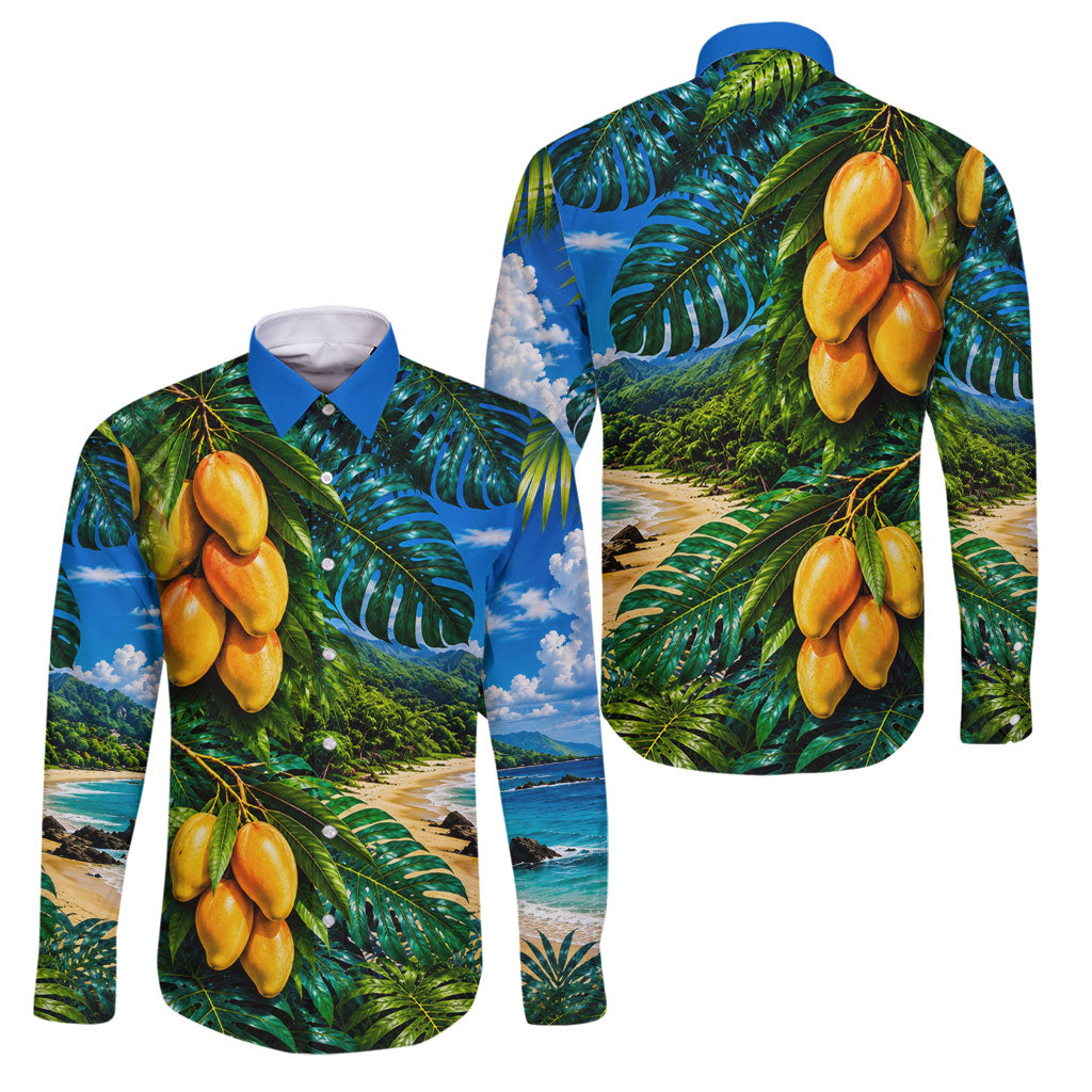 Hawaiian Mango Tropical Beach Family Matching Off The Shoulder Long Sleeve Dress and Hawaiian Shirt Scenic Island Nature Exotic Fruit Graphic TS04 Dad's Shirt - Long Sleeve Blue Green - Polynesian Pride