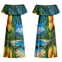 Hawaiian Mango Tropical Beach Family Matching Off Shoulder Maxi Dress and Hawaiian Shirt Scenic Island Nature Exotic Fruit Graphic TS04 Mom's Dress Blue Green - Polynesian Pride