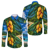 Hawaiian Mango Tropical Beach Family Matching Off Shoulder Maxi Dress and Hawaiian Shirt Scenic Island Nature Exotic Fruit Graphic TS04 Dad's Shirt - Long Sleeve Blue Green - Polynesian Pride