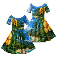 Hawaiian Mango Tropical Beach Family Matching Off Shoulder Maxi Dress and Hawaiian Shirt Scenic Island Nature Exotic Fruit Graphic TS04 Daughter's Dress Blue Green - Polynesian Pride