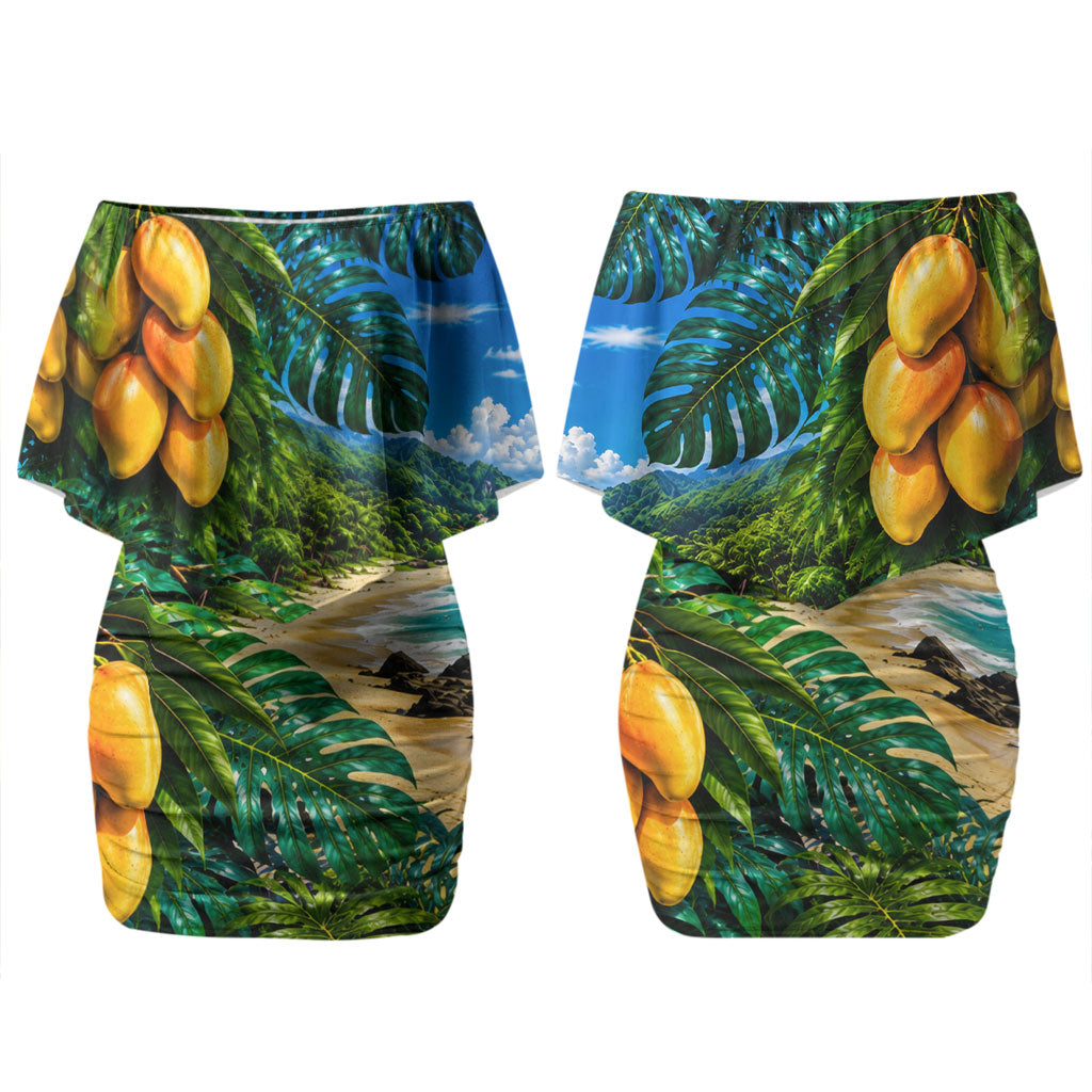 Hawaiian Mango Tropical Beach Family Matching Off Shoulder Short Dress and Hawaiian Shirt Scenic Island Nature Exotic Fruit Graphic TS04 Mom's Dress Blue Green - Polynesian Pride