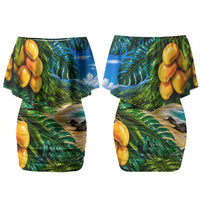 Hawaiian Mango Tropical Beach Family Matching Off Shoulder Short Dress and Hawaiian Shirt Scenic Island Nature Exotic Fruit Graphic TS04 Mom's Dress Blue Green - Polynesian Pride