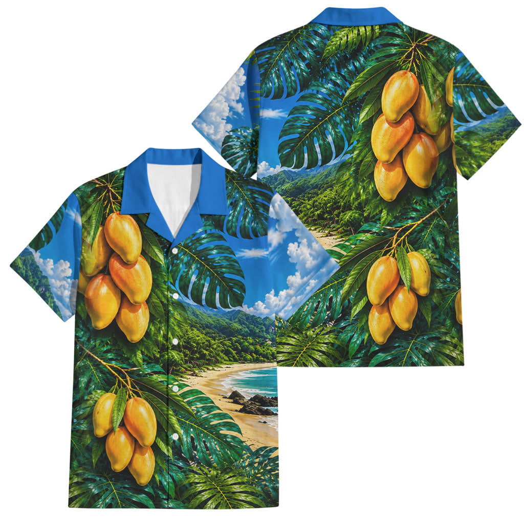 Hawaiian Mango Tropical Beach Family Matching Off Shoulder Short Dress and Hawaiian Shirt Scenic Island Nature Exotic Fruit Graphic TS04 Dad's Shirt - Short Sleeve Blue Green - Polynesian Pride