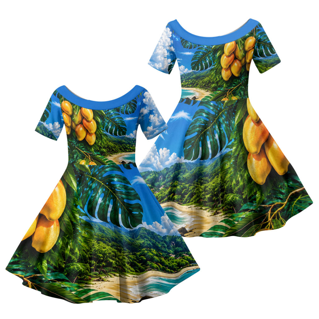 Hawaiian Mango Tropical Beach Family Matching Off Shoulder Short Dress and Hawaiian Shirt Scenic Island Nature Exotic Fruit Graphic TS04 Daughter's Dress Blue Green - Polynesian Pride