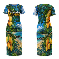 Hawaiian Mango Tropical Beach Family Matching Short Sleeve Bodycon Dress and Hawaiian Shirt Scenic Island Nature Exotic Fruit Graphic TS04 Mom's Dress Blue Green - Polynesian Pride