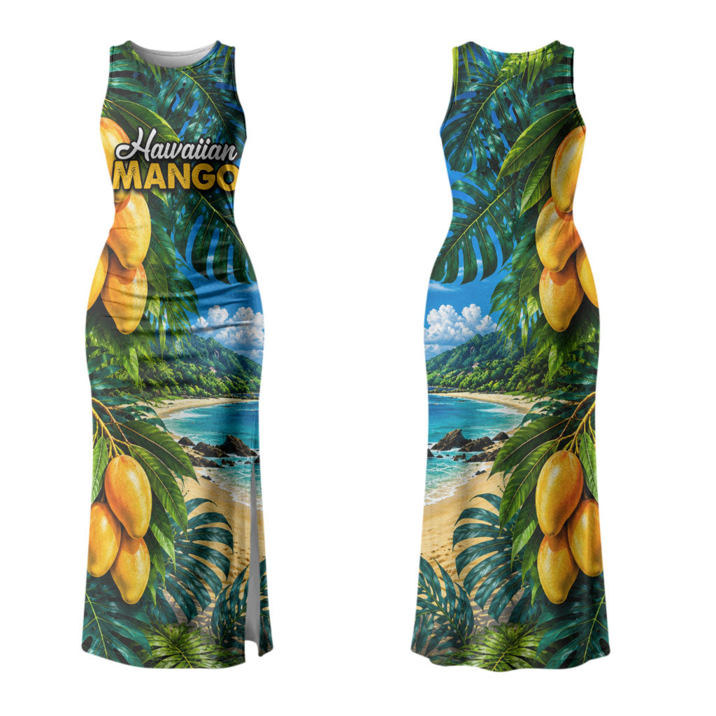 Hawaiian Mango Tropical Beach Family Matching Tank Maxi Dress and Hawaiian Shirt Scenic Island Nature Exotic Fruit Graphic TS04 Mom's Dress Blue Green - Polynesian Pride
