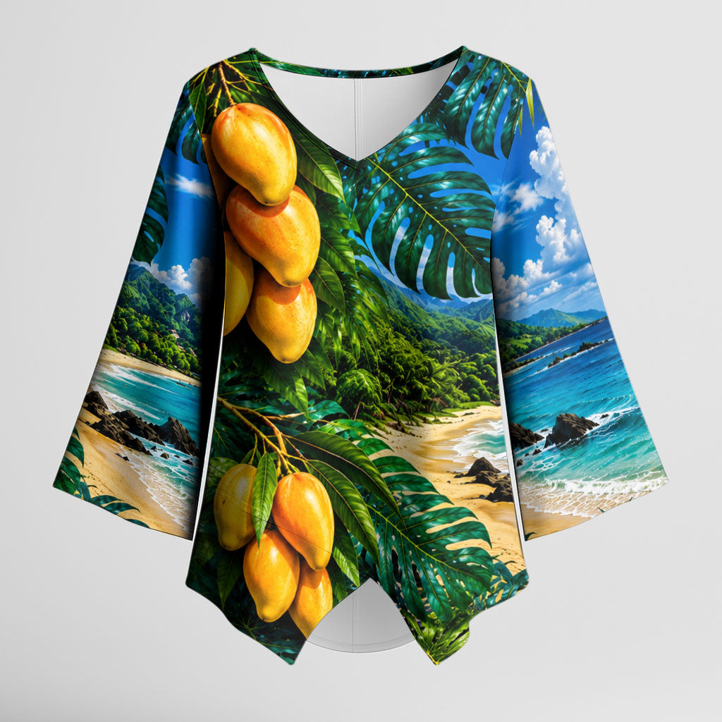 Hawaiian Mango Tropical Beach Kimono Sleeve Blouse Scenic Island Nature Exotic Fruit Graphic TS04 Female Blue Green - Polynesian Pride