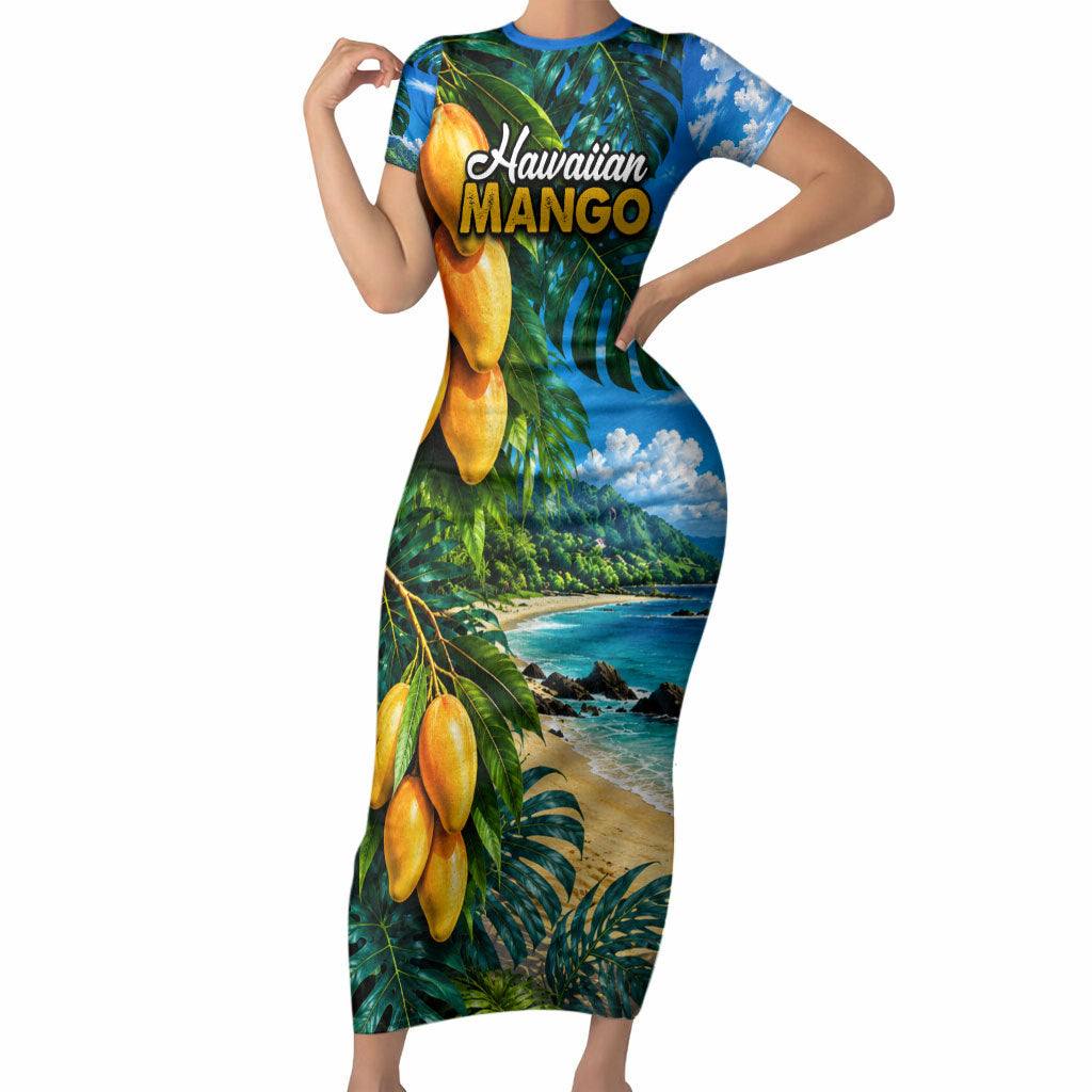 Hawaiian Mango Tropical Beach Short Sleeve Bodycon Dress Scenic Island Nature Exotic Fruit Graphic TS04 Long Dress Blue Green - Polynesian Pride