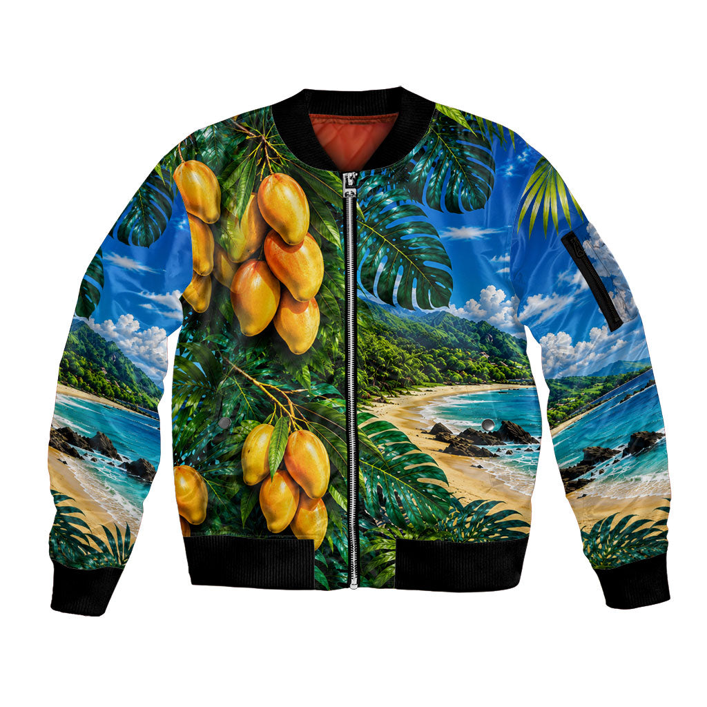 Hawaiian Mango Tropical Beach Sleeve Zip Bomber Jacket Scenic Island Nature Exotic Fruit Graphic TS04 Unisex Blue Green - Polynesian Pride