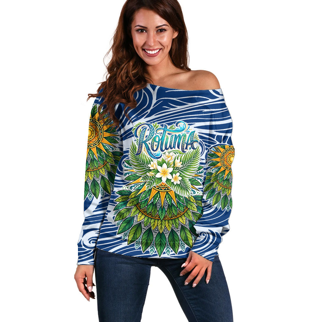 Rotuma Fiji Island Pride Off Shoulder Sweater Ocean Wave Coral Reef Marine Life Tribal Tattoo TS04 Women Blue Green - Polynesian Pride