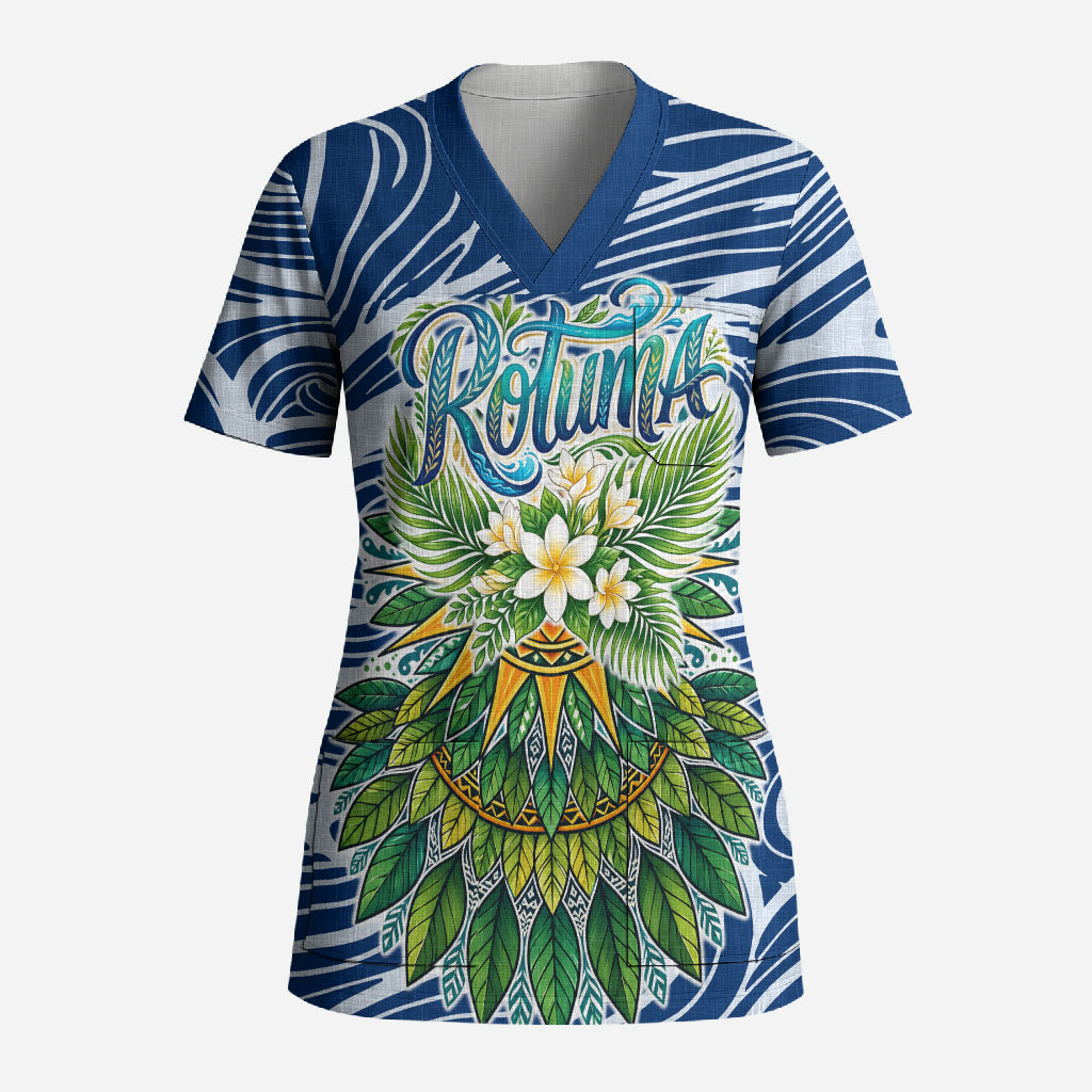 Rotuma Fiji Island Pride Scrub Top Ocean Wave Coral Reef Marine Life Tribal Tattoo TS04 Adult Blue Green - Polynesian Pride
