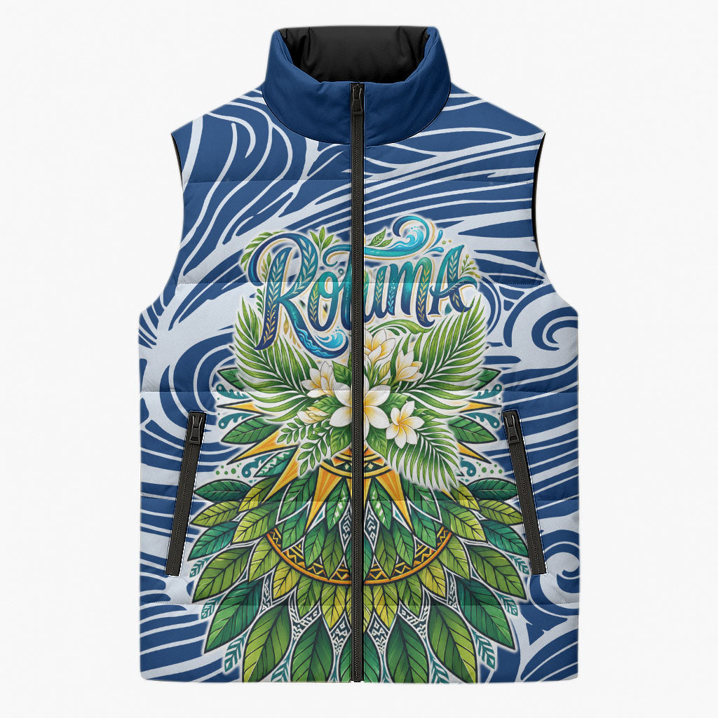 Rotuma Fiji Island Pride Sleeveless Puffer Jacket Ocean Wave Coral Reef Marine Life Tribal Tattoo TS04 Unisex Blue Green - Polynesian Pride
