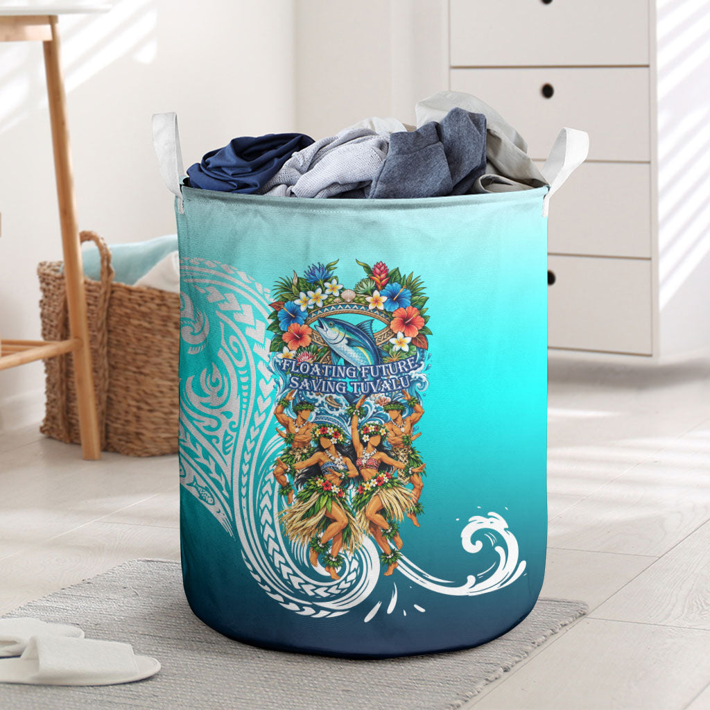 Floating Future Saving Tuvalu Laundry Basket Ocean Blue Pacific Polynesian Cultural Art Marine Wildlife TS04 Blue White - Polynesian Pride