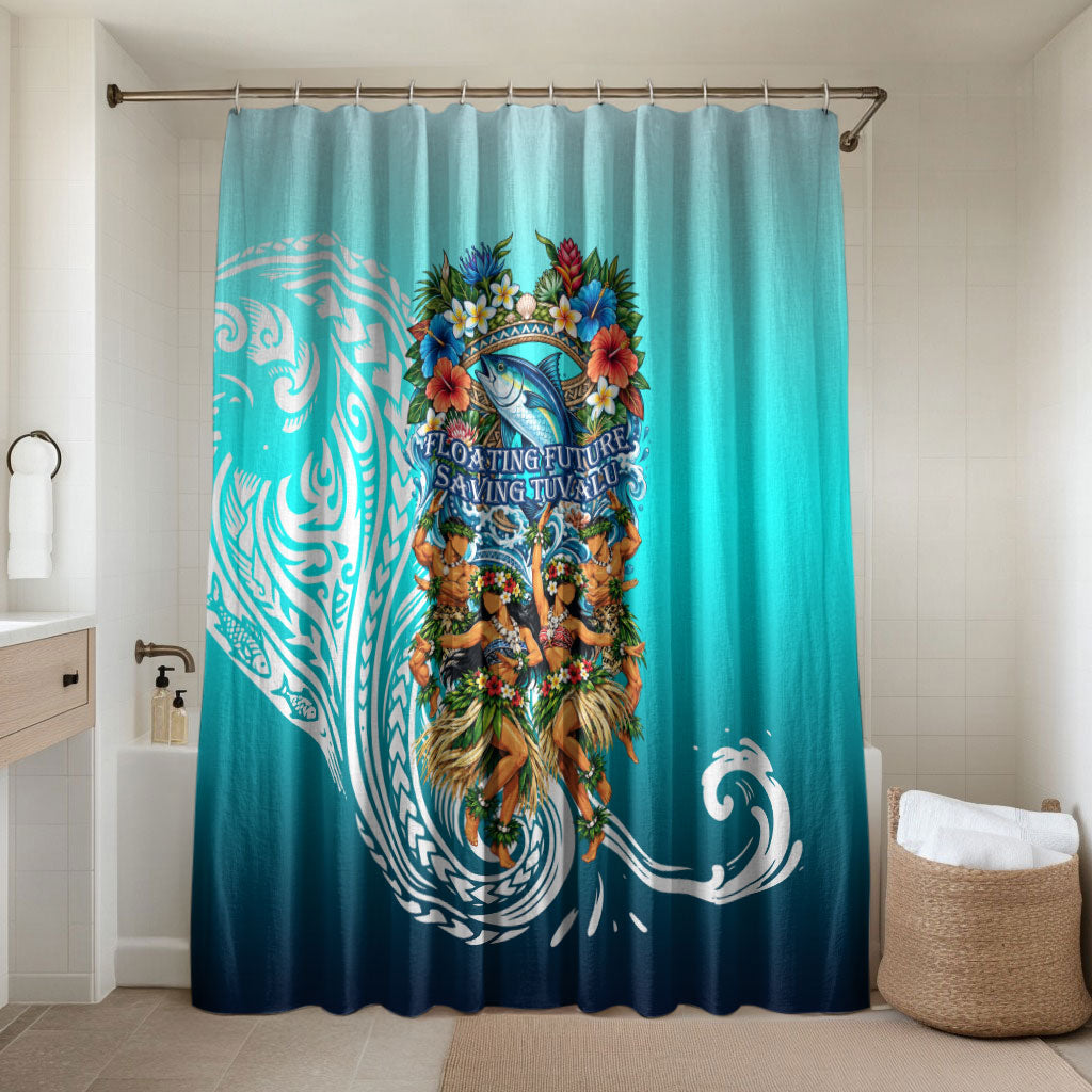 Floating Future Saving Tuvalu Bathroom Set Ocean Blue Pacific Polynesian Cultural Art Marine Wildlife TS04 Shower Curtain Only Blue White - Polynesian Pride