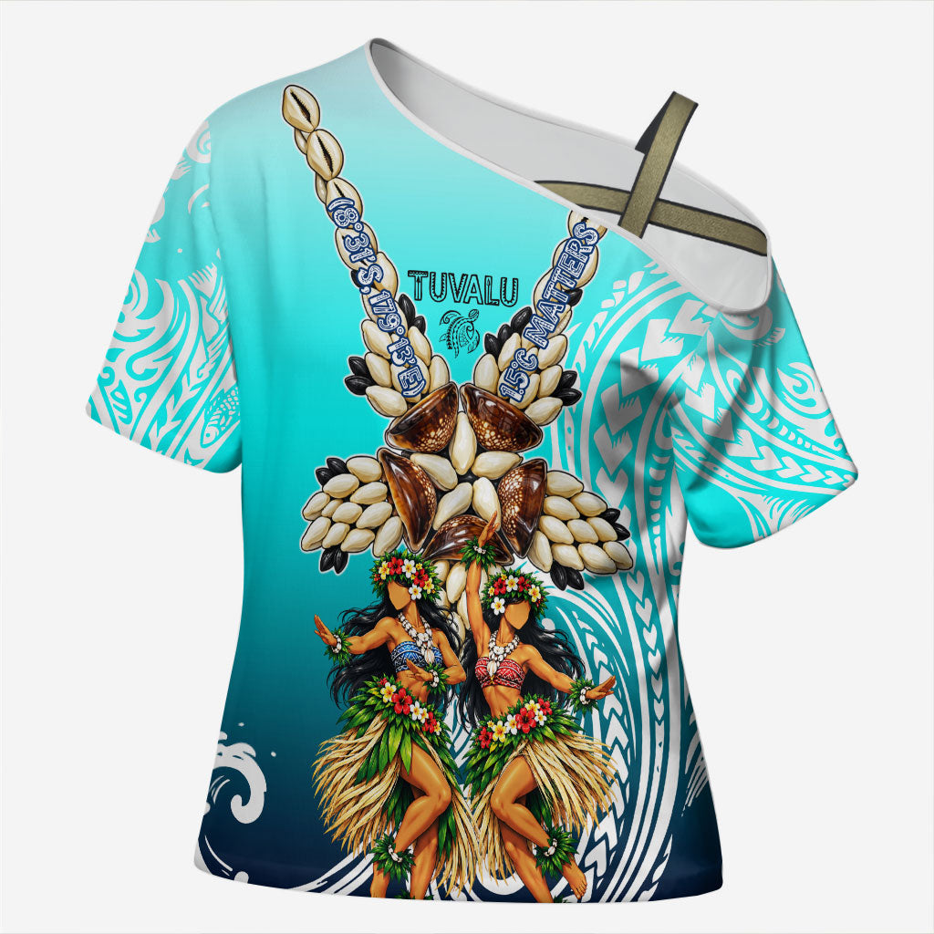 Floating Future Saving Tuvalu Cross Shoulder Shirt Ocean Blue Pacific Polynesian Cultural Art Marine Wildlife TS04 Female Blue White - Polynesian Pride