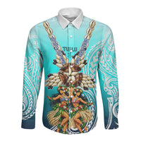 Floating Future Saving Tuvalu Long Sleeve Button Shirt Ocean Blue Pacific Polynesian Cultural Art Marine Wildlife TS04 Unisex Blue White - Polynesian Pride