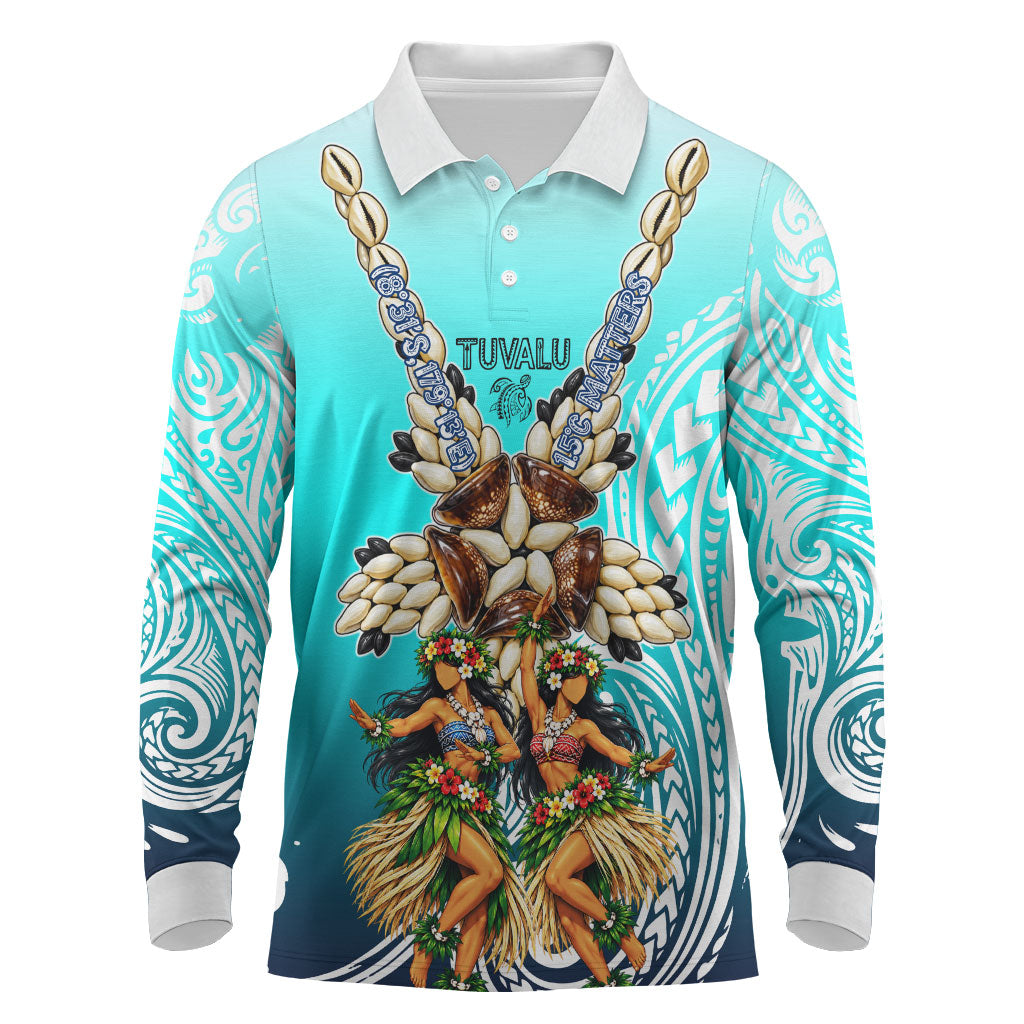 Floating Future Saving Tuvalu Long Sleeve Polo Shirt Ocean Blue Pacific Polynesian Cultural Art Marine Wildlife TS04 Blue White - Polynesian Pride