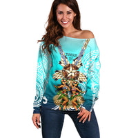Floating Future Saving Tuvalu Off Shoulder Sweater Ocean Blue Pacific Polynesian Cultural Art Marine Wildlife TS04 Women Blue White - Polynesian Pride
