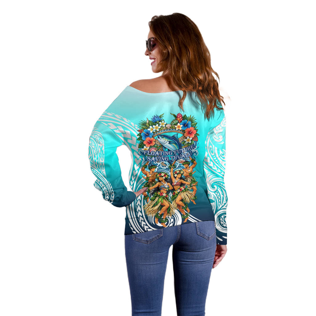 Floating Future Saving Tuvalu Off Shoulder Sweater Ocean Blue Pacific Polynesian Cultural Art Marine Wildlife TS04 - Polynesian Pride